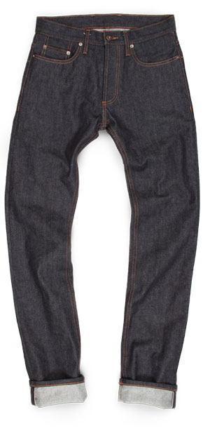 Fit of 3Sixteen ST-100X raw denim slim jeans made in USA